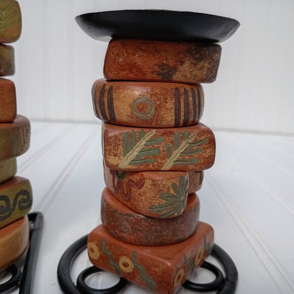 Southwestern Candlesticks Stacked Pottery Pieces Wrought Iron Candle Holder Pair - Picture 3 of 12